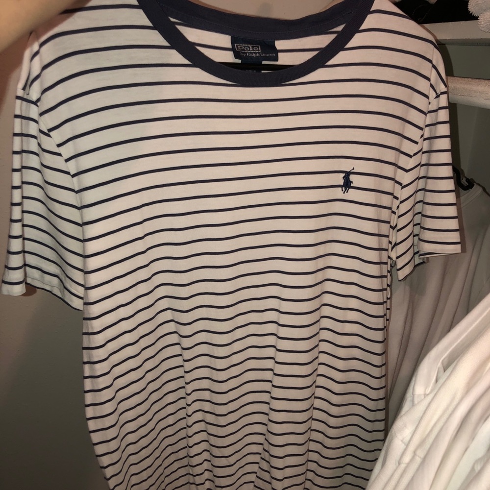 Classic Polo summer tee white w navy stripes mint